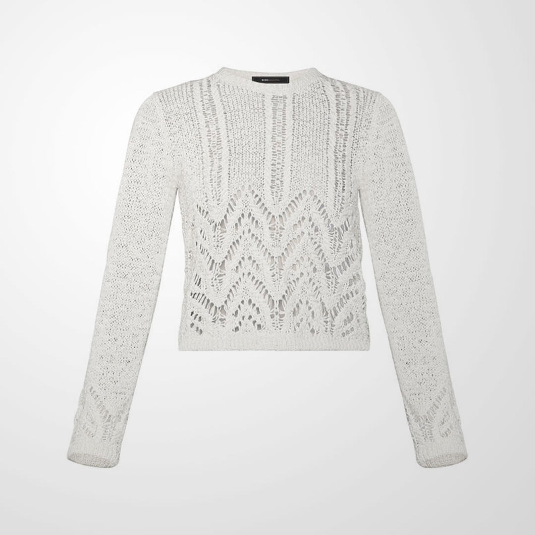 This BCBGMAXAZRIA knit sweater is perfect for any day! The fabric is spun from a soft cotton blend to create luxurious texture and dimension, this mixed-stitch crewneck sweater features a distinctive chevron pattern. Pair this with a pair of black jeans for the perfect weekend look. 