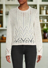 Load image into Gallery viewer, This BCBGMAXAZRIA knit sweater is perfect for any day! The fabric is spun from a soft cotton blend to create luxurious texture and dimension, this mixed-stitch crewneck sweater features a distinctive chevron pattern. Pair this with a pair of black jeans for the perfect weekend look.
