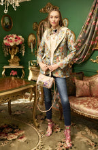 Load image into Gallery viewer, This statement Aratta Renaissance Silk Jacquard Blazer is a must-have! This unique blazer will be in style every season. Perfect for giving your look boss vibes, this feminine elegant blazer features a V neckline, floral Jacquard silk material and metallic gold trim around the collar and pockets. Also, the inside of the blazer has a stunning unique Francois Boucher&amp; Madame De Pompadour print satin lining. Giving you a relaxed fit and slightly cropped finish complete this must-have style. 
