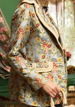 Load image into Gallery viewer, This statement Aratta Renaissance Silk Jacquard Blazer is a must-have! This unique blazer will be in style every season. Perfect for giving your look boss vibes, this feminine elegant blazer features a V neckline, floral Jacquard silk material and metallic gold trim around the collar and pockets. Also, the inside of the blazer has a stunning unique Francois Boucher&amp; Madame De Pompadour print satin lining. Giving you a relaxed fit and slightly cropped finish complete this must-have style. 
