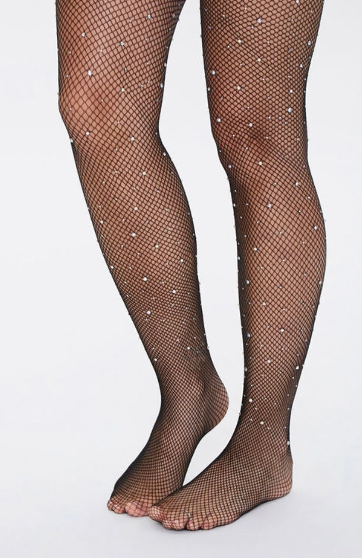 Adults Black Fishnet Tights With Sparkling Diamante Jewels Burlesque Fancy  Dress