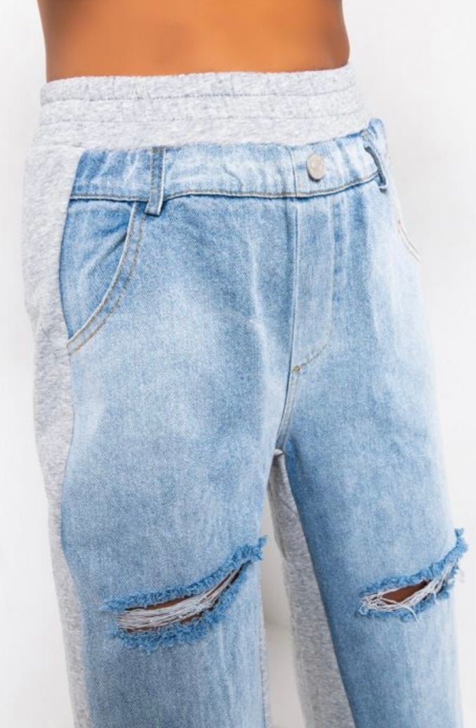 Pryceless Creations Clothing in The Mix Denim Sweatpants Light Wash Small